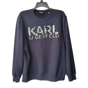 Karl Lagerfeld Paris Men's Dark Blue Crewneck Camo Logo Super Soft Sweatshirt L
